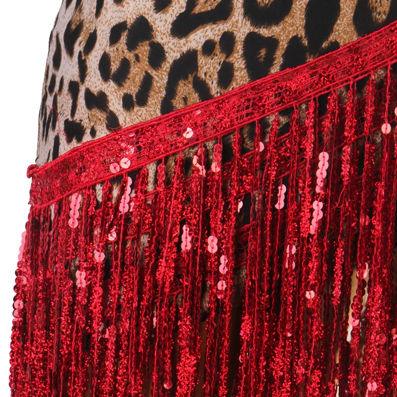 Customized Latin Dance Performance Suit with Sequins Tassels Latin Dance Dress Rumba 3 Step Stepping Dance Dress Leopard Pattern