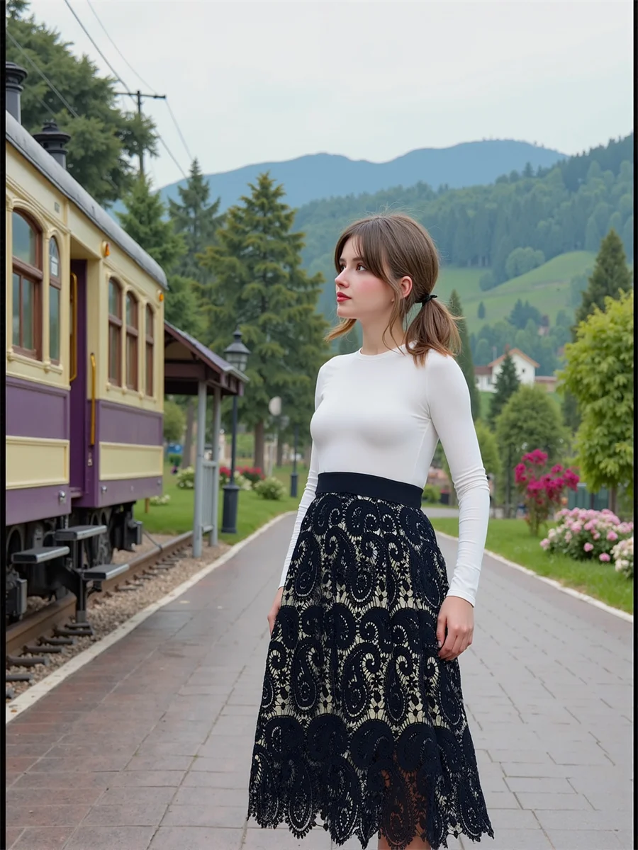 

Midi Lace Vintage Skirts Women Shirring Pleated Patchwork Ruffle Chic Feminina Artistic Modern Elegant Soft Sweet Gauze Romantic