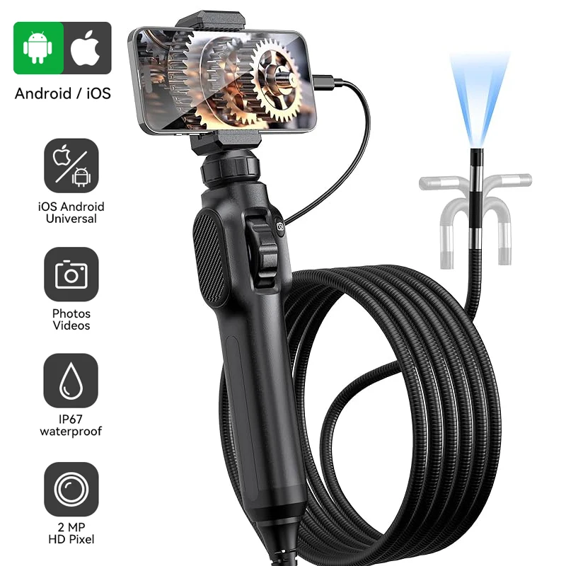 Industrial Endoscope Camera Two-Way 8mm Articulating Borescope 1080P IP67 Waterproof Probe Car Inspection Camera for Android/iOS