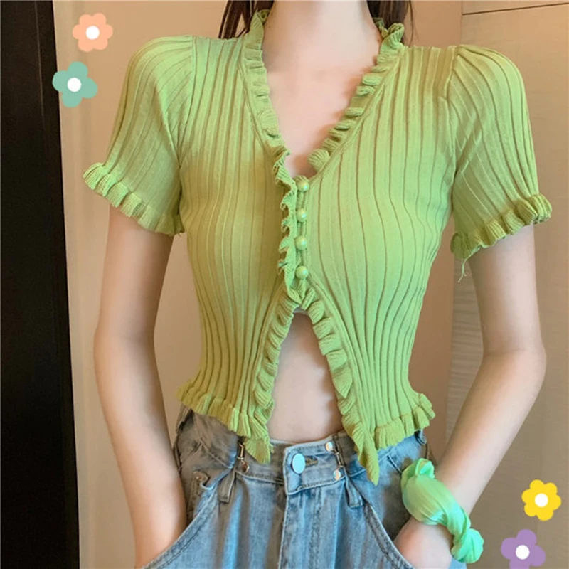 Vintage Ruffles Women Knitted T Shirts Summer Korean Short Sleeve