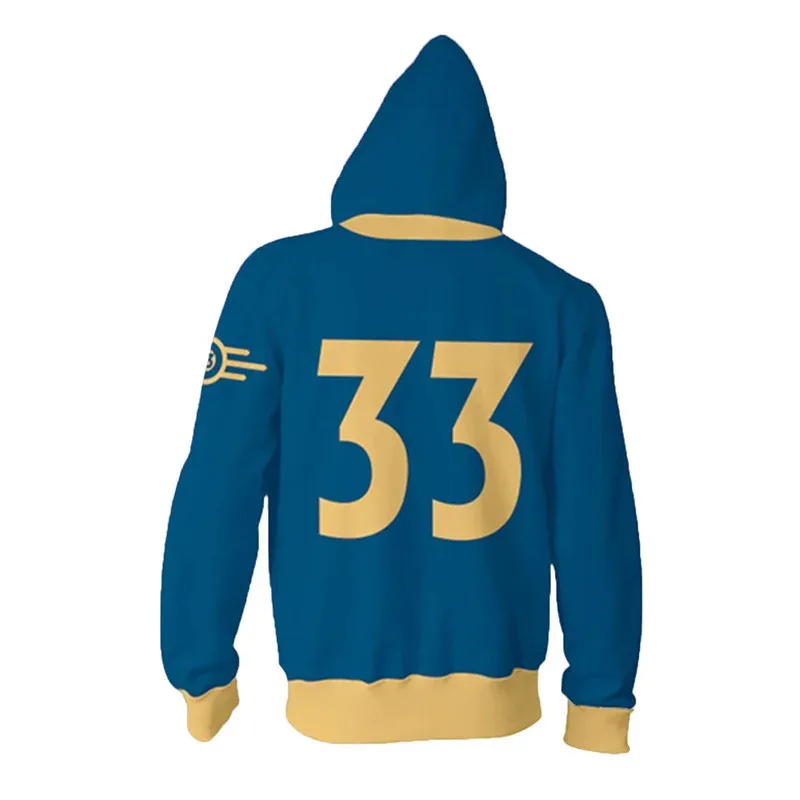 

Новинка 2025 года, унисекс, для мужчин и женщин Vault 33, новинка, толстовка с 3D принтом на молнии, толстовки с капюшоном, костюм для косплея, синий комбинезон Lucy eqs9X