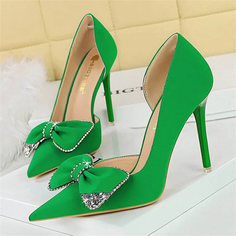 BIGTREE Night Club Stripper Fashion Women Woman Pumps Red Elegant Woman Heeled Sexy Light Pointed toe Diamond Bow Single Shoes