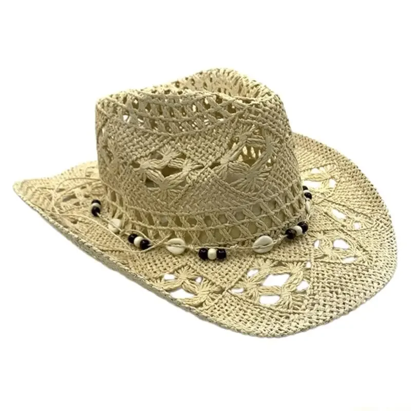 

31BF Fashionable Wide Brims Straw Hat with Seashells Decors for Adult Unisex Music Festival and Vacation Head Accessories