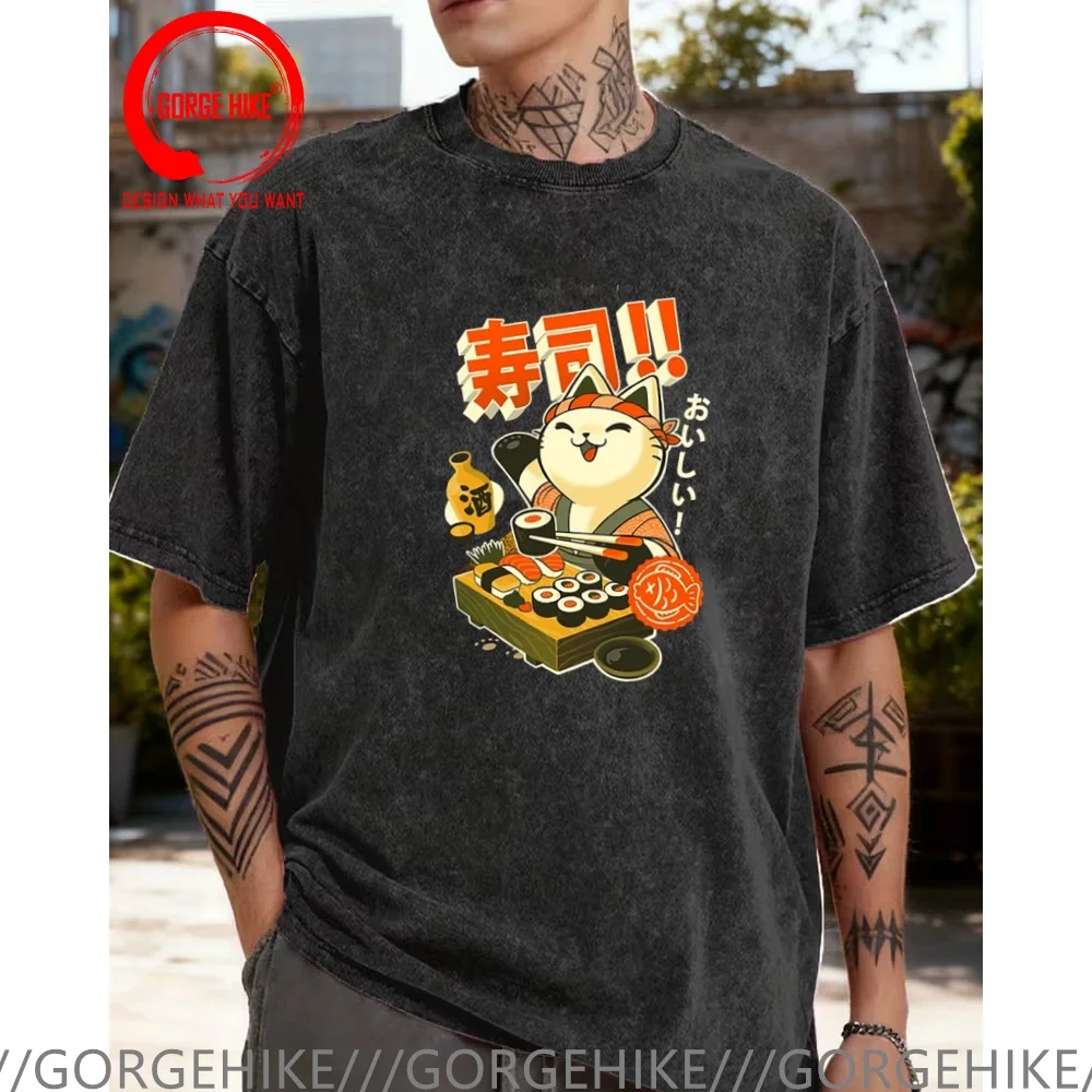 

Vintage Washed Cotton T-Shirt Funny Designer Japan Sushi cat Kaiju catT Shirt Men Fashion Trendy Casual Clothing Stylish Tops