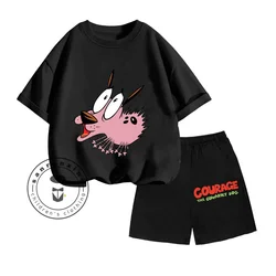 COURAGE The Cowardly Dog Animated Cartoon Print Design Soft Short Sleeve and Solid Color Cartoon Print Shorts Kids Two-piece Set