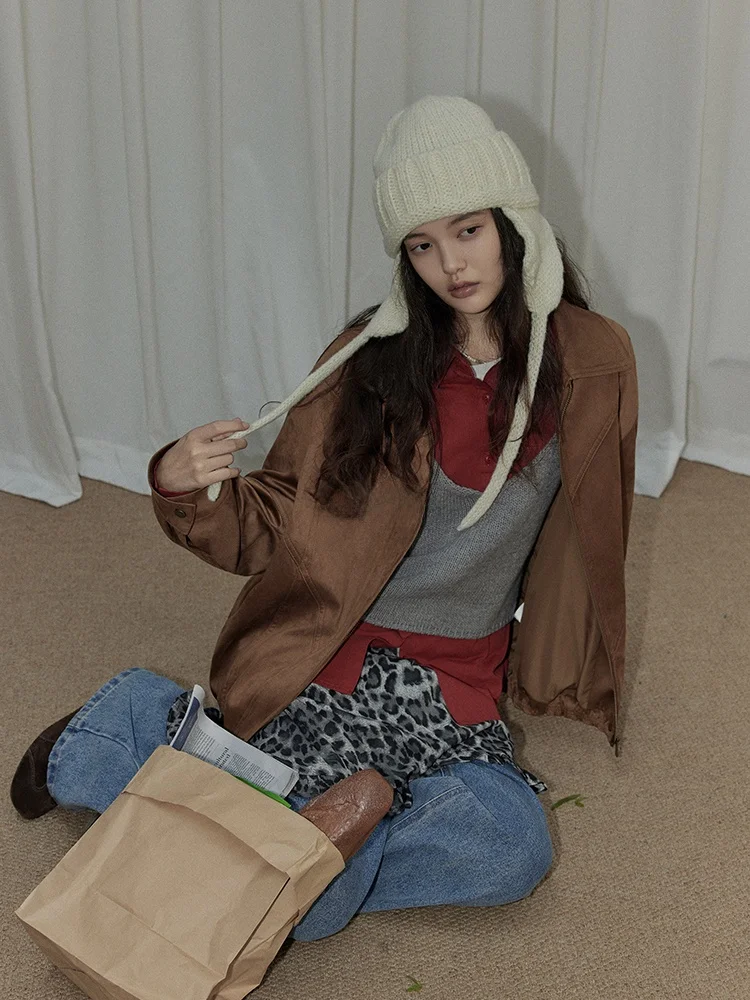 LITLECOT サドルブラウン スエード ショートコート レディース 秋冬 新スタイル カジュアル 多用途 アウター ストレートカット 長袖 ジッパー