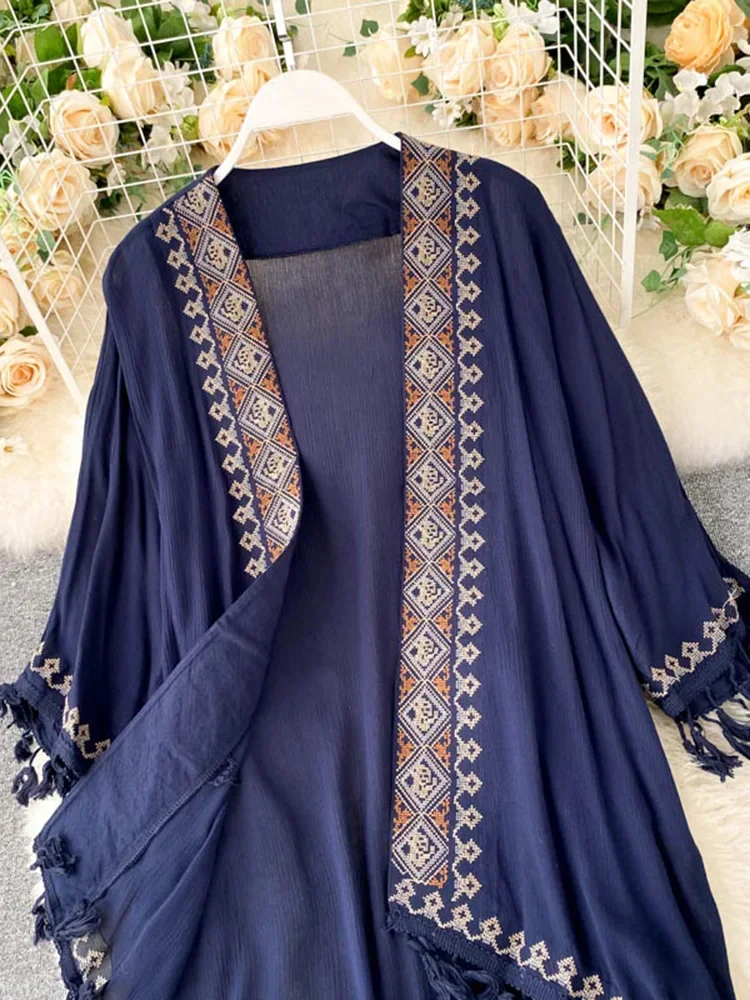 New Bohemian Retro Ethnic Print Sunscreen Shirt Tops Thin Sunscreen Cardigan Tassel Stitching Tops Women GD695