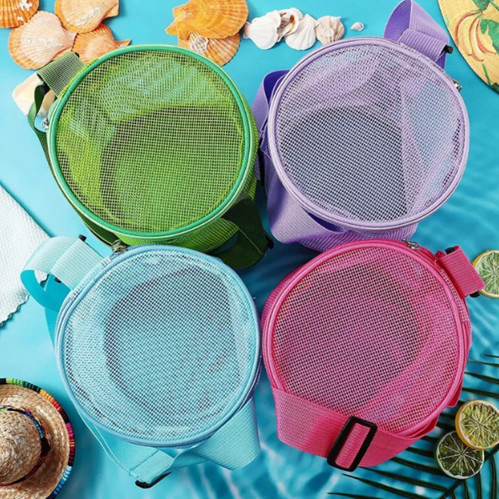 Children's mesh shell storage bag beach three-dimensional round sand bucket toy collection bag  with Adjustable Carrying Straps