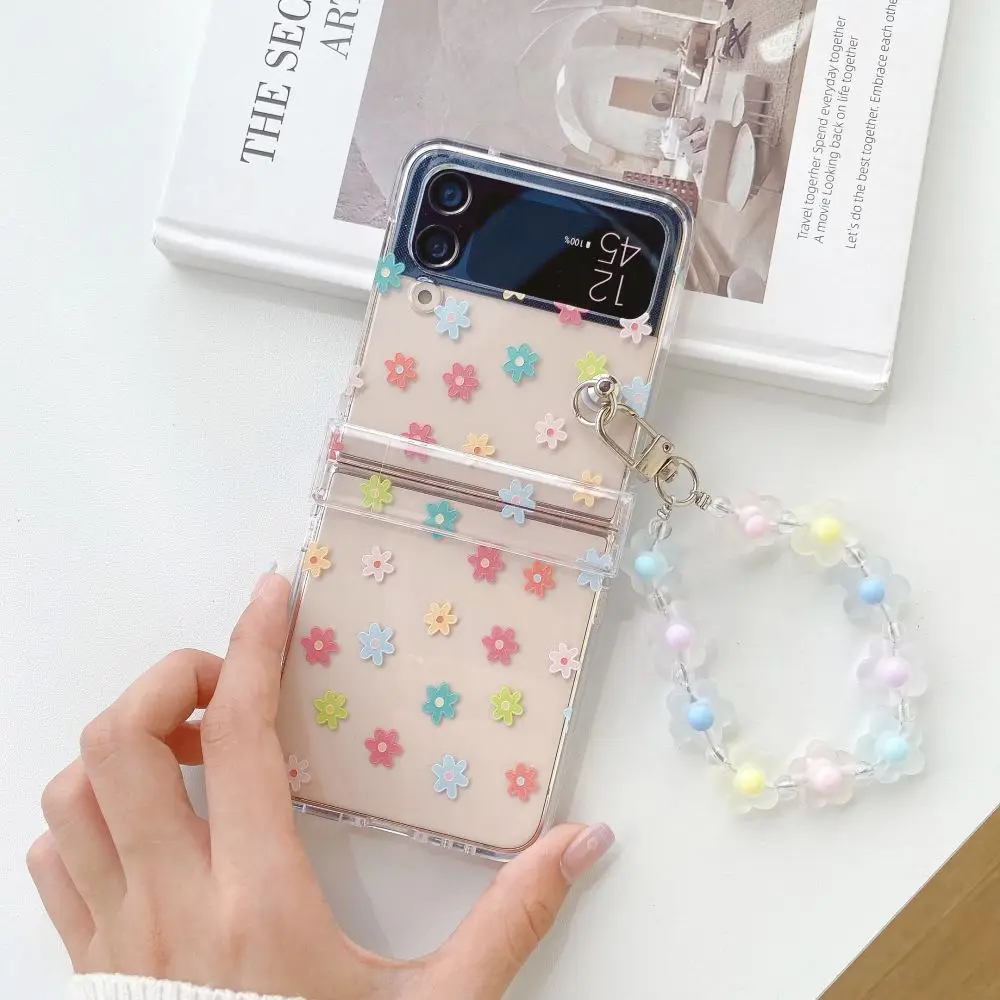 Für Samsung Z Flip 6 5 4 3 Fall kleine florale transparente faltbare Telefon hülle mit Armband für zflip4 stoß feste harte Rückseite