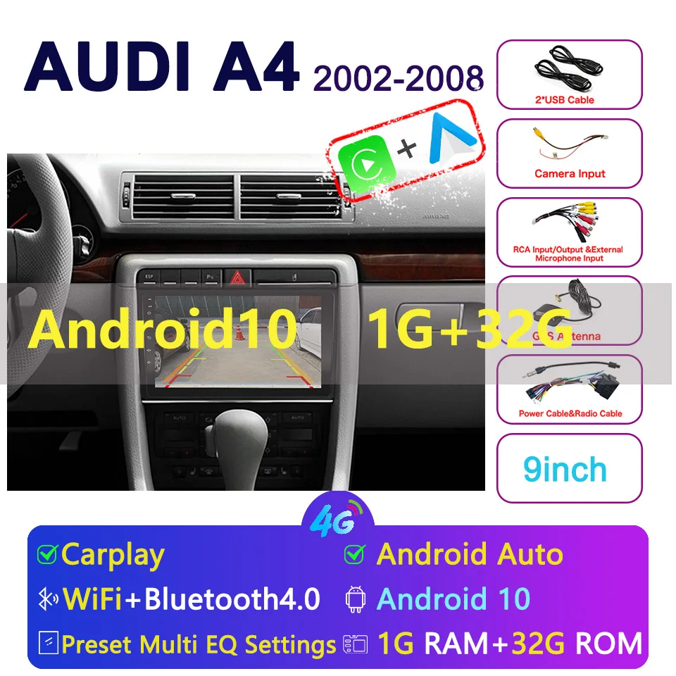 

9 дюймов для Audi A4 2002-2008 с Carplay Android автомобильное радио емкостный сенсорный экран GPS навигация Bluetooth