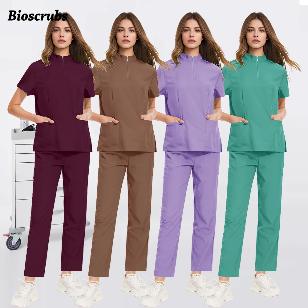 Trendy Zip Stand-up Collar Scrub Set for Women Men Medical Nurse Blouses Plus Size Pants Dentist Nursing Suit Beautiful Workwear