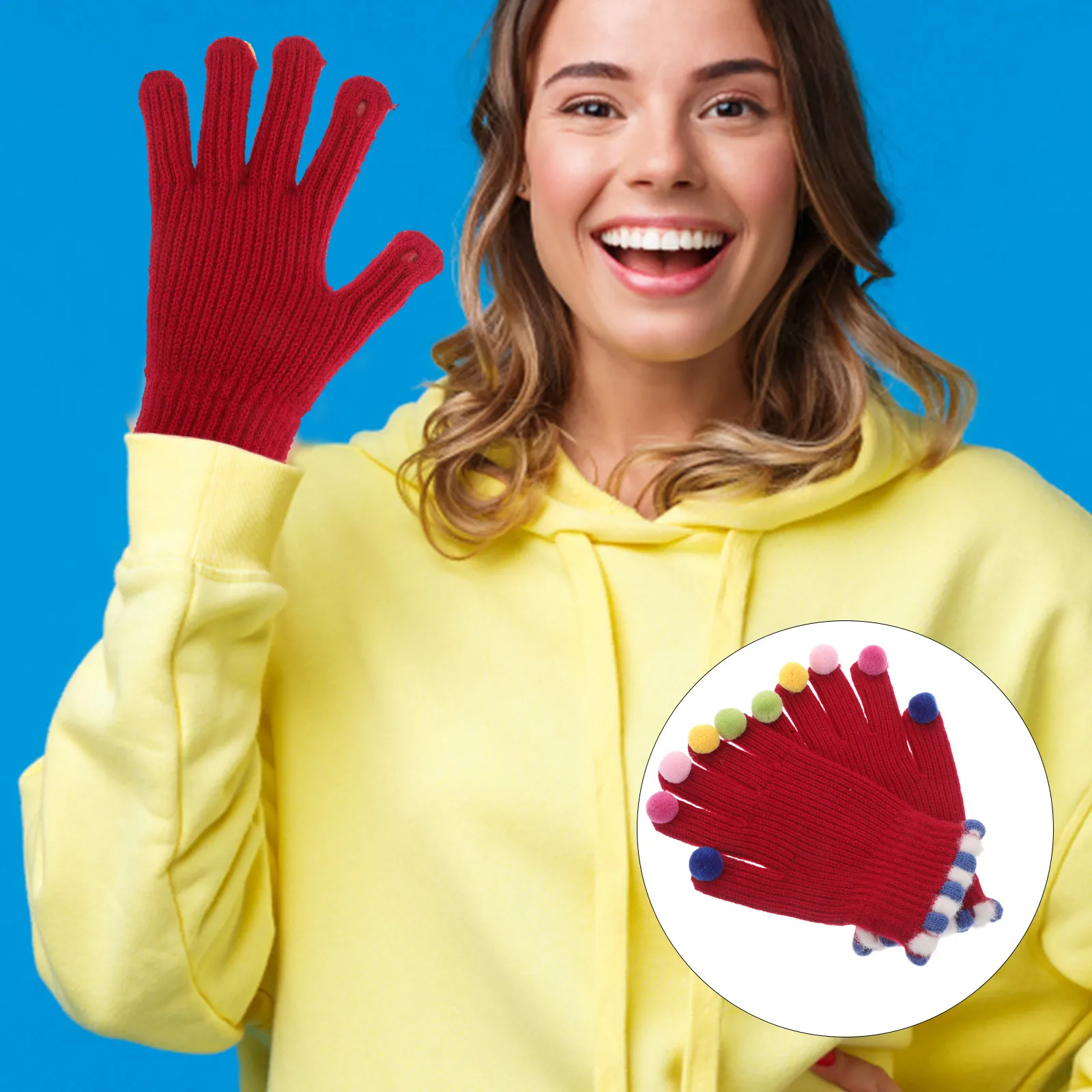 1 Pair Knitted Fingerless Gloves With Pompom Decor Warm Fleece Lined Touchscreen Compatible For Cycling Women