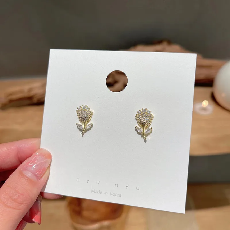 14K Gold Plating Korean New Design Fashion Jewelry Delicate Small AAA Zircon Tulip Earrings Elegant Women's Daily Work earring