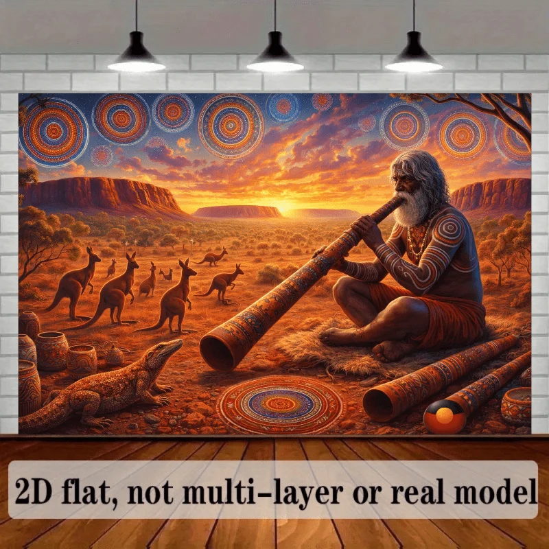 Aboriginal Man Didgeridoo Kangaroo Outback Sunset 2D Flat Tapestry Backdrop For Living Room Decor Australia Wall Hanging