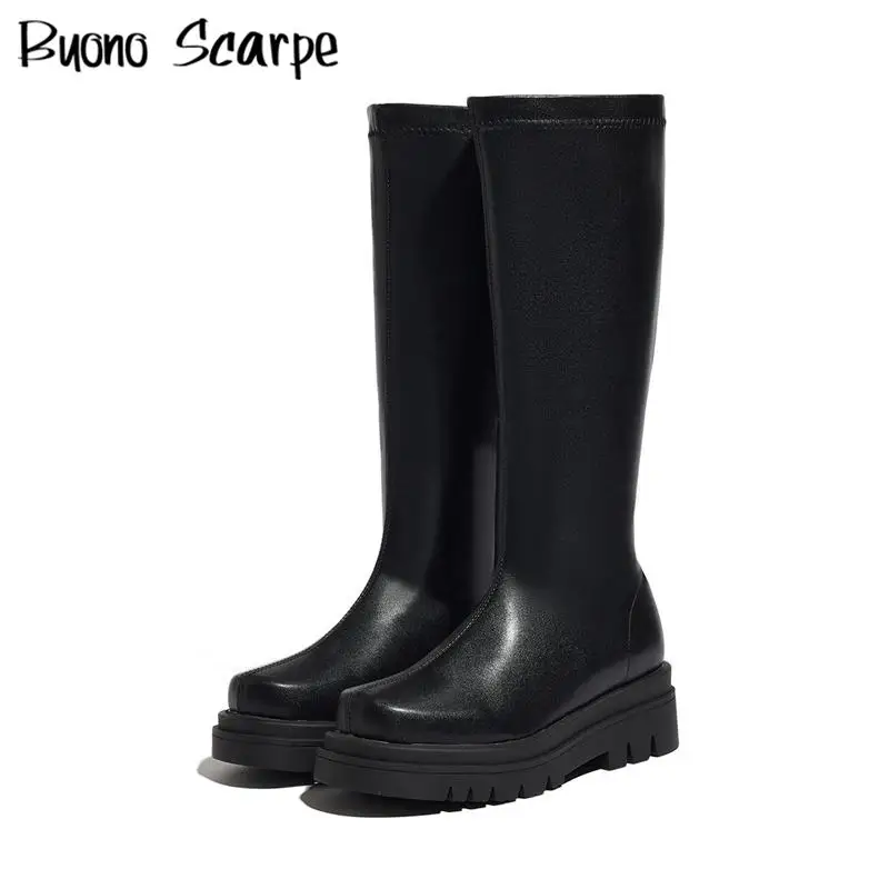 

Женские сапоги до колена в стиле вестерн с круглым носком и толстой подошвой на платформе, на массивном каблуке, однотонные модные лаконичные туфли без шнуровки большого размера