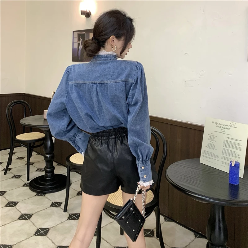 2022 Spring Lace Denim Shirt Women Fashion Patchwork Long Sleeve Blouse Female Loose Stand Collar Button Down Jean Shirts Woman