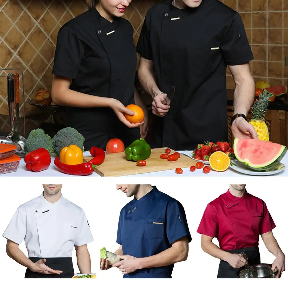 Uniforme da cuoco maniche corte antimacchia Chef Top asimmetrico nascosto abbottonatura cameriere camicia Unisex abbottonatura uniforme da forno