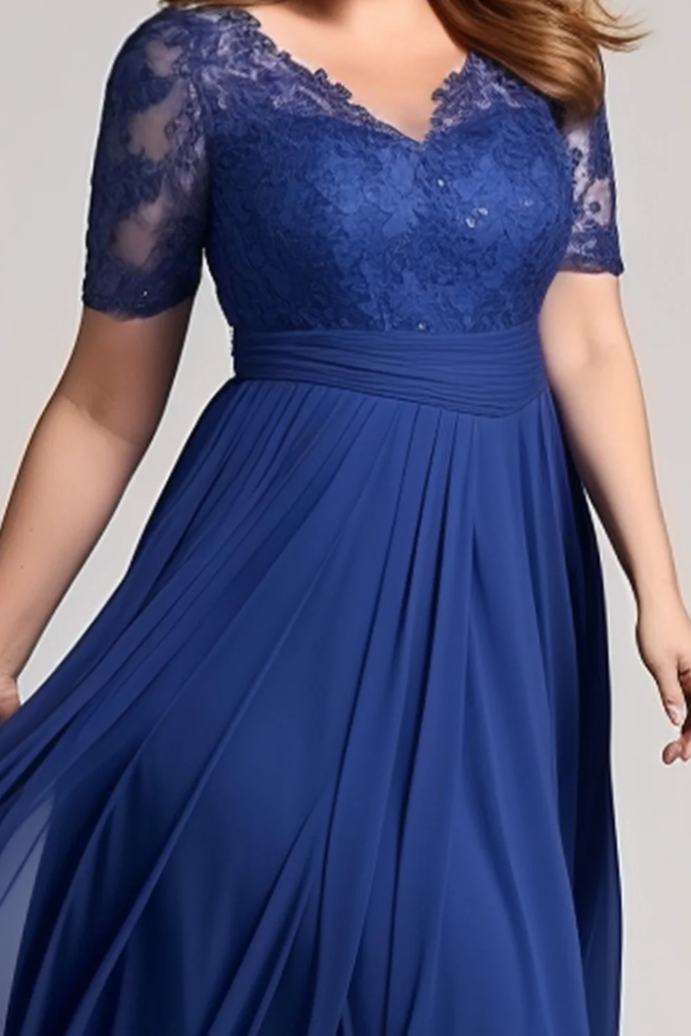 Flycurvy Plus Size Wedding Guest Royal Blue Chiffon Lace Maxi Dress