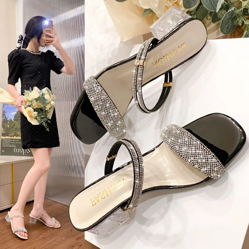 Women\'s Sandals 2024 Summer New Fashion Rhinestone High Heels Slippers Female Buckle Party Shoes for Women Zapatos De Mujer