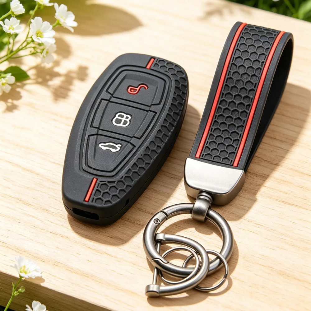 Dual‑Line Honeycomb Car Remote Key Holder With Keychain for Ford ST Line Fiesta Focus Mondeo Ecosport Kuga Puma Edge Escape