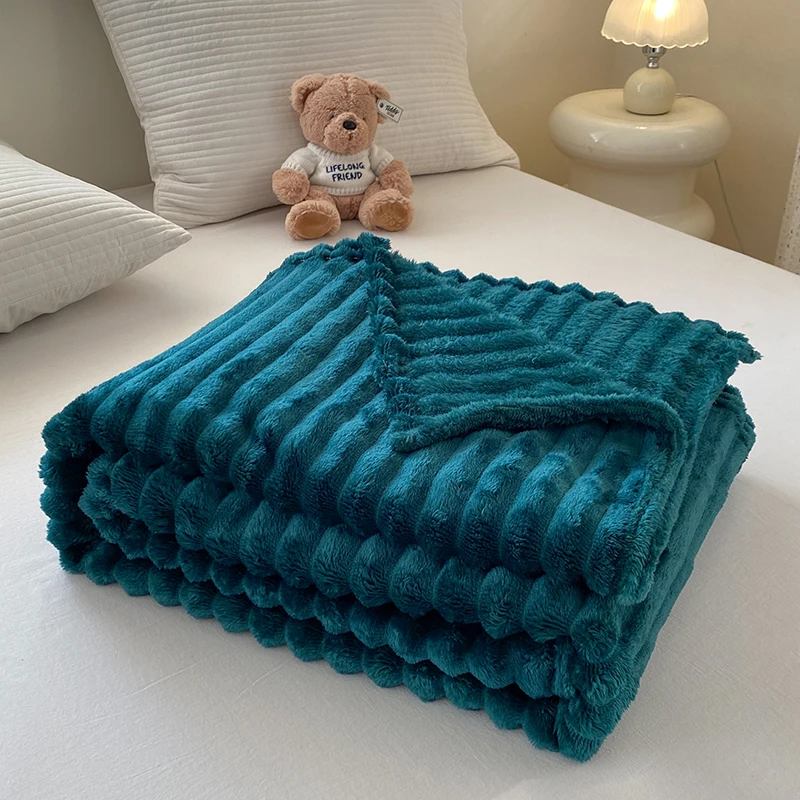Super Soft Ribbed Rabbit Fleece Throw BlanketStriped Plush Bed Sofa Cover Warm Cozy Flannel Blanket for Bedroom Couch All Season