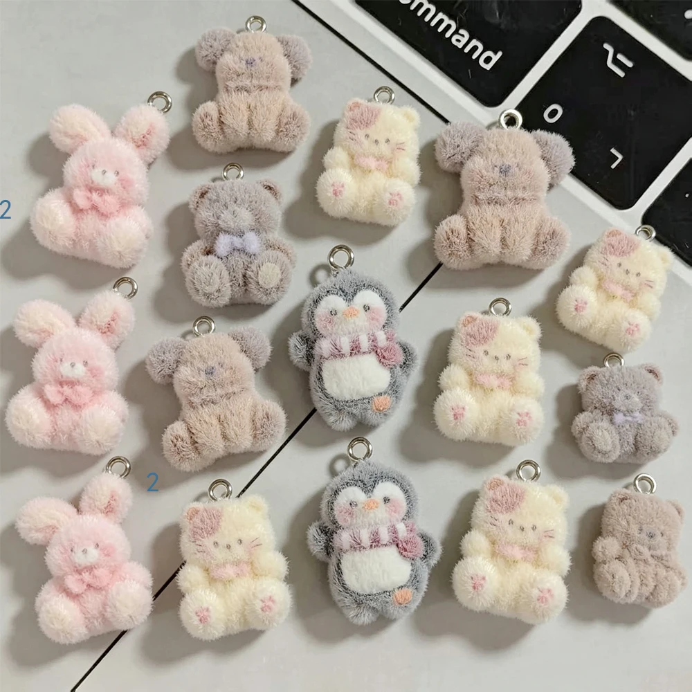 50Pcs Flocked Kawaii Rabbit Dog Cat Resin Charms Cute Fluffy Animal Bear Penguin Pendants for DIY Keychain Jewelry Making