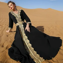 Elegant Vintage Muslim Dress Women Evening Party Robe Party Dresses for Women Abaya Morocco Caftan Black Embroidery Lace Dresses