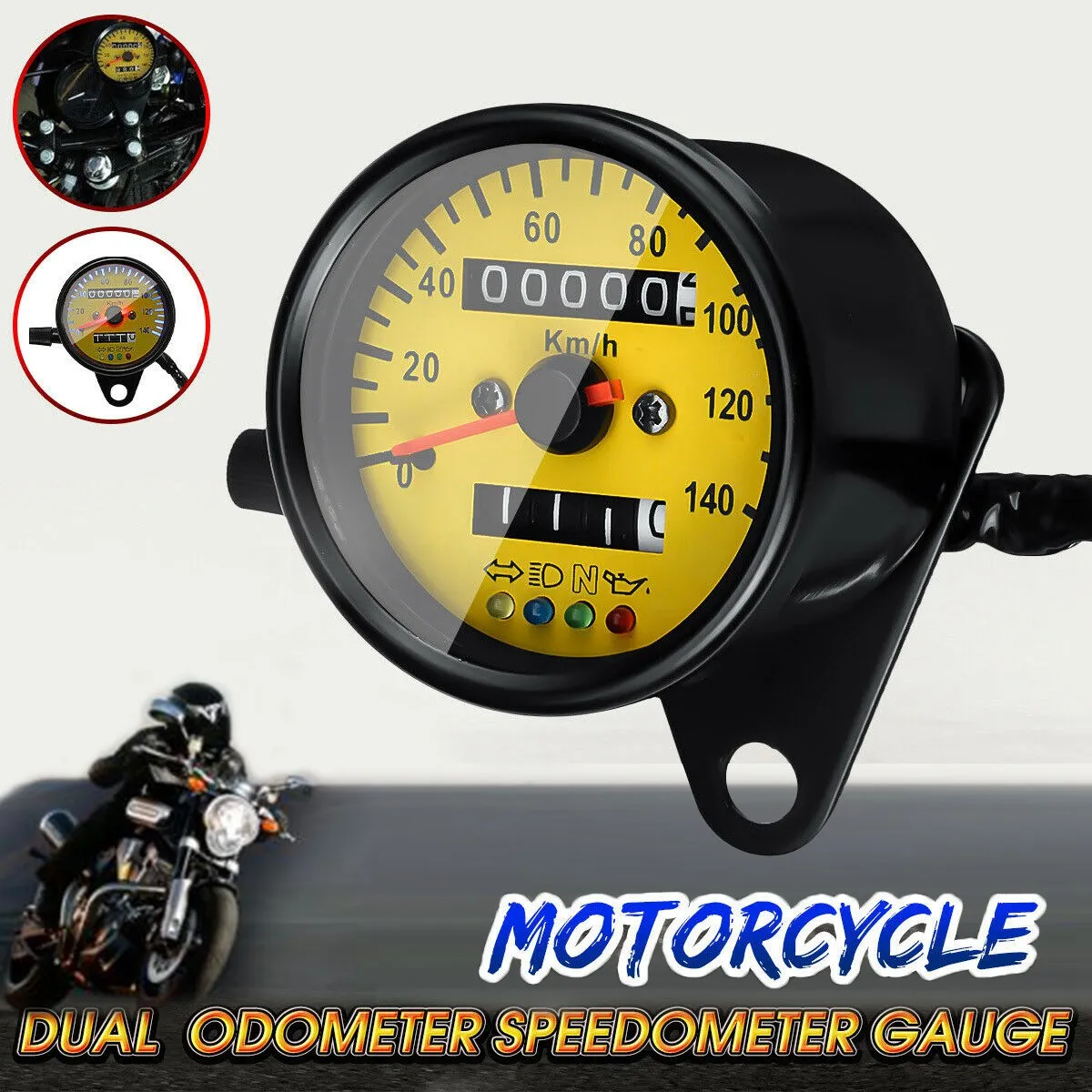 M93K-Universal Motorcycle Dual Odometer KMH Speedometer Gauge Meter LED Backlight Tachometer