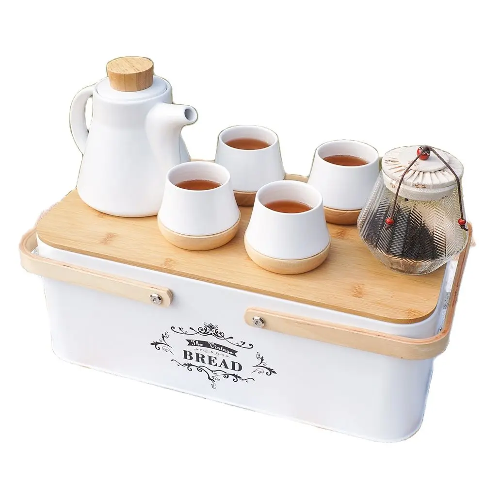 SENSEMAKE-Luxury Tea Coffee Party Set. Ceramic serving set. Tea pot/cup set and wooden tray. Excellent gift 6 in 1 Set