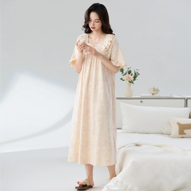New Cotton Nightgown With Square Collar, Short-Sleeved Summer Homewear For Women, Plus Size Home Dress