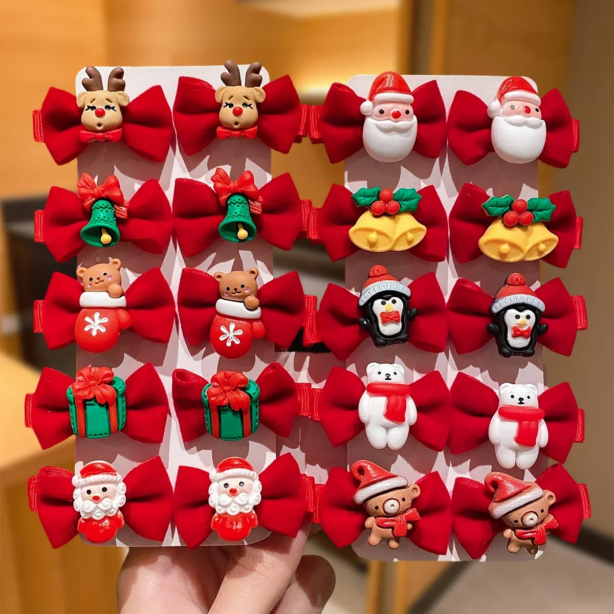 10 Piece Red Bow Hair Clips Set for Girls Christmas Design Santa Claus Reindeer Bells Holiday Hair Accessories Gift Set