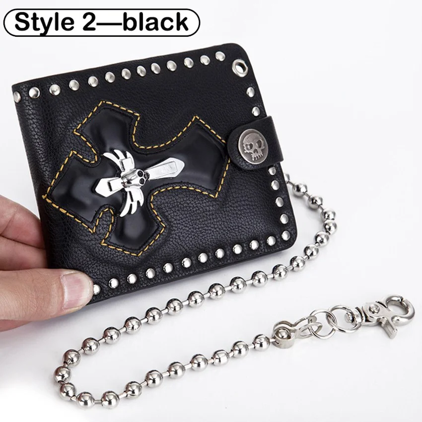 Crucifix Skull Punk Wallet PU Leather Metal Chain Clutch Wallet Card Holder Coins Purse Rivets Folded Billfold Notecase