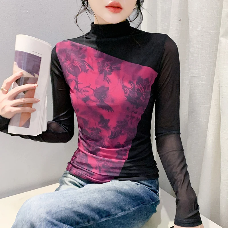 Autumn New High Neck Long Sleeve Mesh Positioning Printing T-shirt Women's Intimated Silk Light Fabric T Shirts Tops For Female