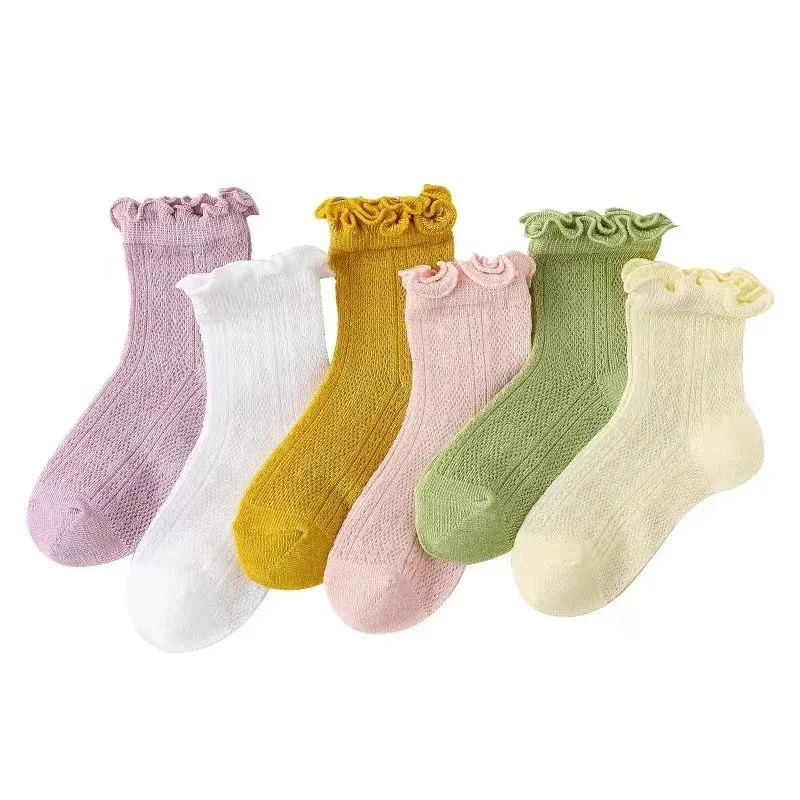 Spring and Summer Girls New Thin Breathable Comfortable Cotton Mesh Solid Color Lace Fashion Wooden Ear Edge Princess Socks