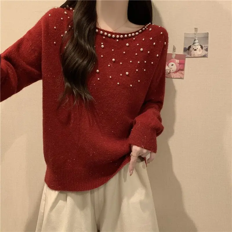 Korean Fashion Autumn Winter Sweaters Women\'s O-Neck Embroidered Flares Sweet Casual Long Sleeve Loose Pullovers Knitted Tops