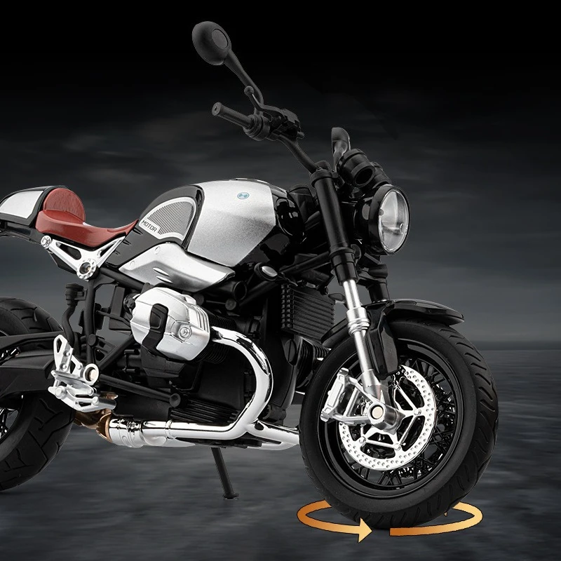 1:9 BMW R NineT Diecast Alloy Motorcycle Model Simulation Suspension Steering Model Sound Light Toy Boy Gift