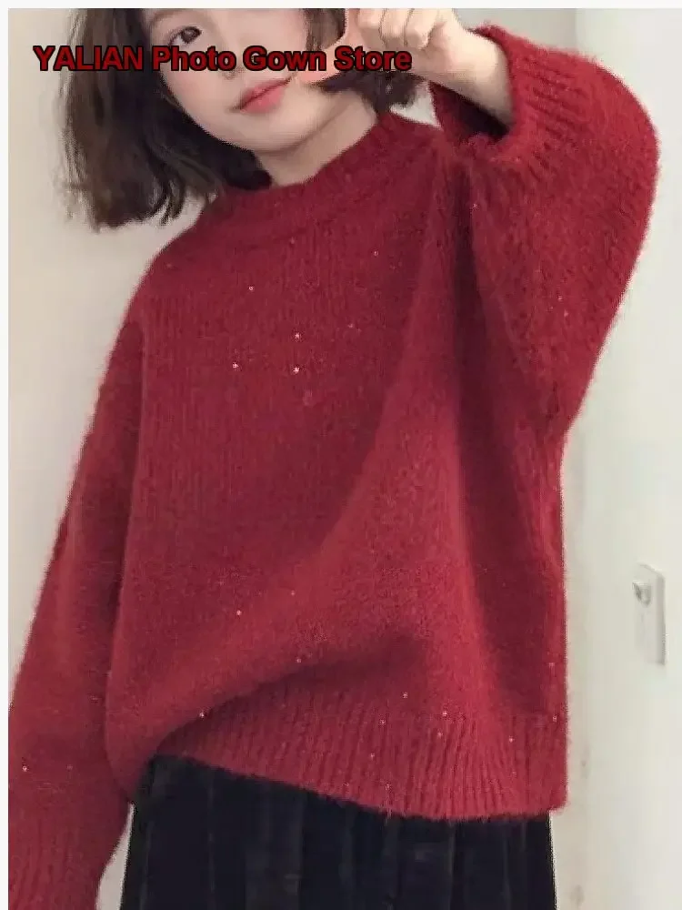 Girls Loose Round Neck Thickened Atmosphere Knit Top 2025 Sequin Trendy Sweater