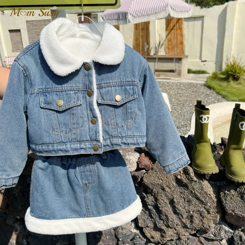 

Комплект джинсовой одежды для маленьких девочек, куртка + юбка, джинсовый костюм из 2 предметов для маленьких детей весенне-зимняя и осенняя одежда с длинными рукавами для малышей, От 1 до 7 лет