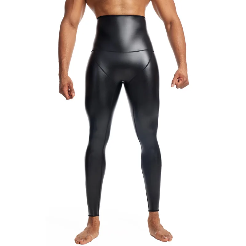 Men's Pu Leather Pants Plastic Waist Plastic Legs High Waist Body Sculpting Pants Belly Closure Bodybuilding Waist Pants