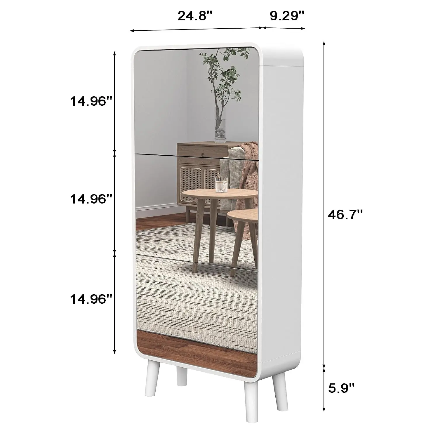 Entryway Mirror Shoe Cabinet 3 Flip Drawers Legs Fluted Panel Anti-Tip Wooden Organizer White 3-Tier, Customized