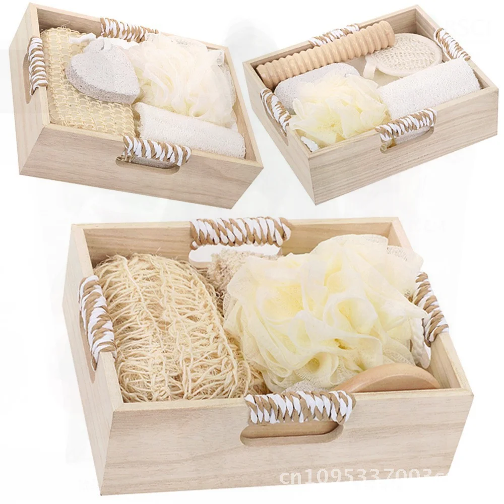

Square Bathroom Gift Box Set - Bath Gloves Pull Back Strip Loofah Massage Stick & Foot File - Cotton Linen Bath Supplies for