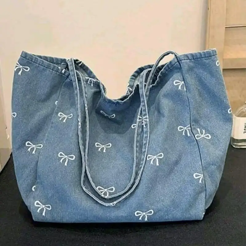 Hochwertige Denim-Canvas-Tasche, Damen-Schultertasche mit Schleife, süß und vielseitig, große, lässige Umhängetasche – Detail 6