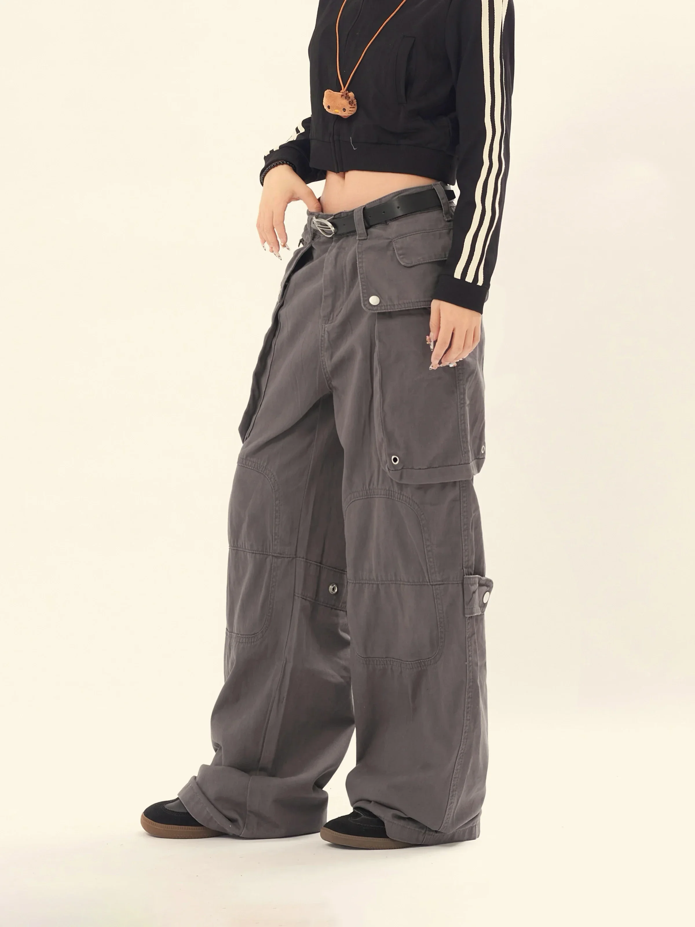 

American Retro Gray Casual Work Pants for Women, Summer High Waisted Loose Straight Leg Wide Leg Pants