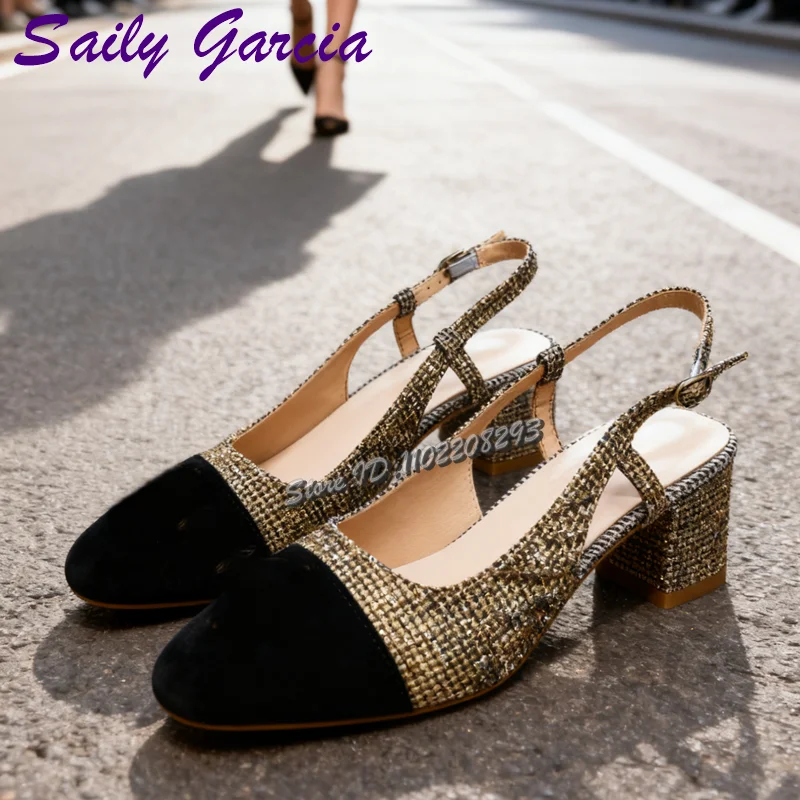 

Rhinestone Eagle Head Pumps Gold Crystal Round Toe Shallow Buckle Strap Square Heel Fashion Sandals 2026 Summer Dress Party Shoe