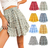 Women High Elastic Waist Lace Up Ruffle Floral Print A-Line Skirts Casual Lady Streetwear Holiday Dress LDY-WW3636