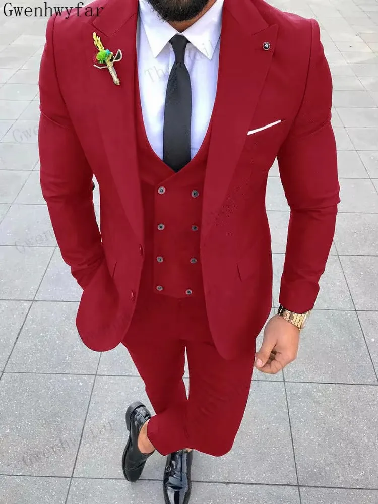 

Gwenhwyfar Chinese Red 3Pcs (Blazer+Vest+Pant) Shinny Mens Suits Peaked Lapel Casual Tuxedos for Wedding Groomsmen Suits Men