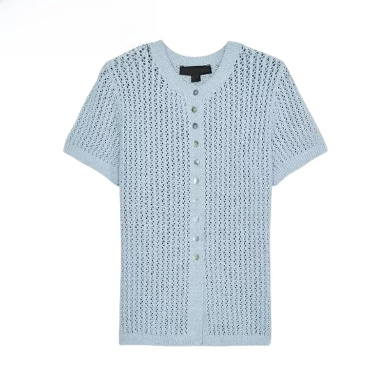 

Sweet Sle round Ne ort Sve Knitted Cardigan Summer New Arrival Me Eyelet Open Front Knitted Top Women's Faion