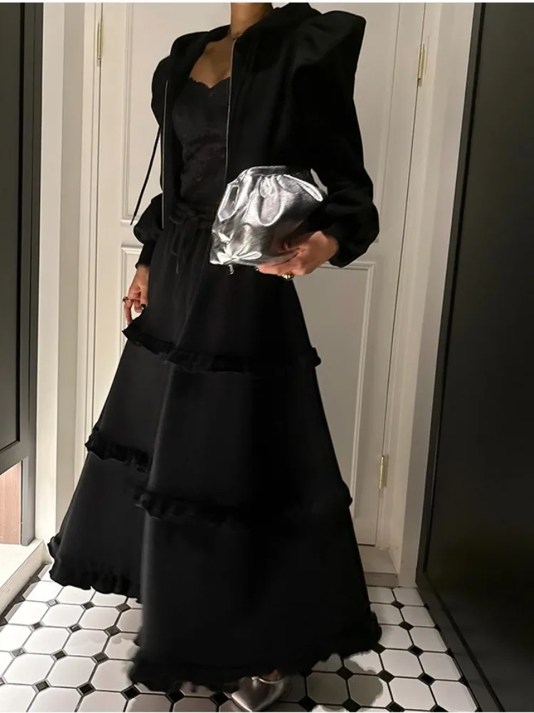 Elegant Autumn Zipper Hoodie Jacket Women's Skirt Set with Wood Grain Ruffle Half-length Spring Summer Casual Streetwear