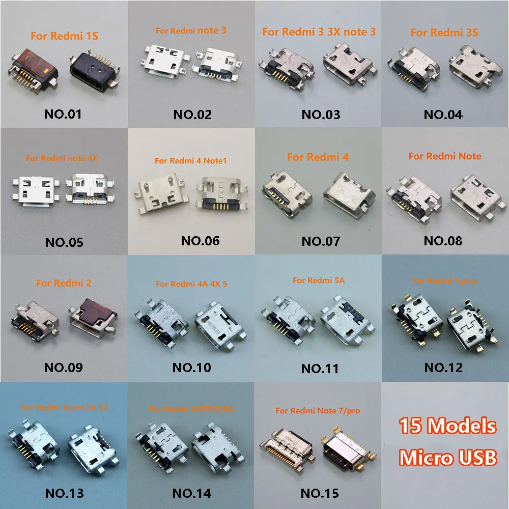 

15 Models Micro USB Jack connector For Red Rice 3 5 6 2A 3A 4A 5A 6A 1S 2S 3S S2 3X 4X 5plus note1/5/6 Pro phone tail connector