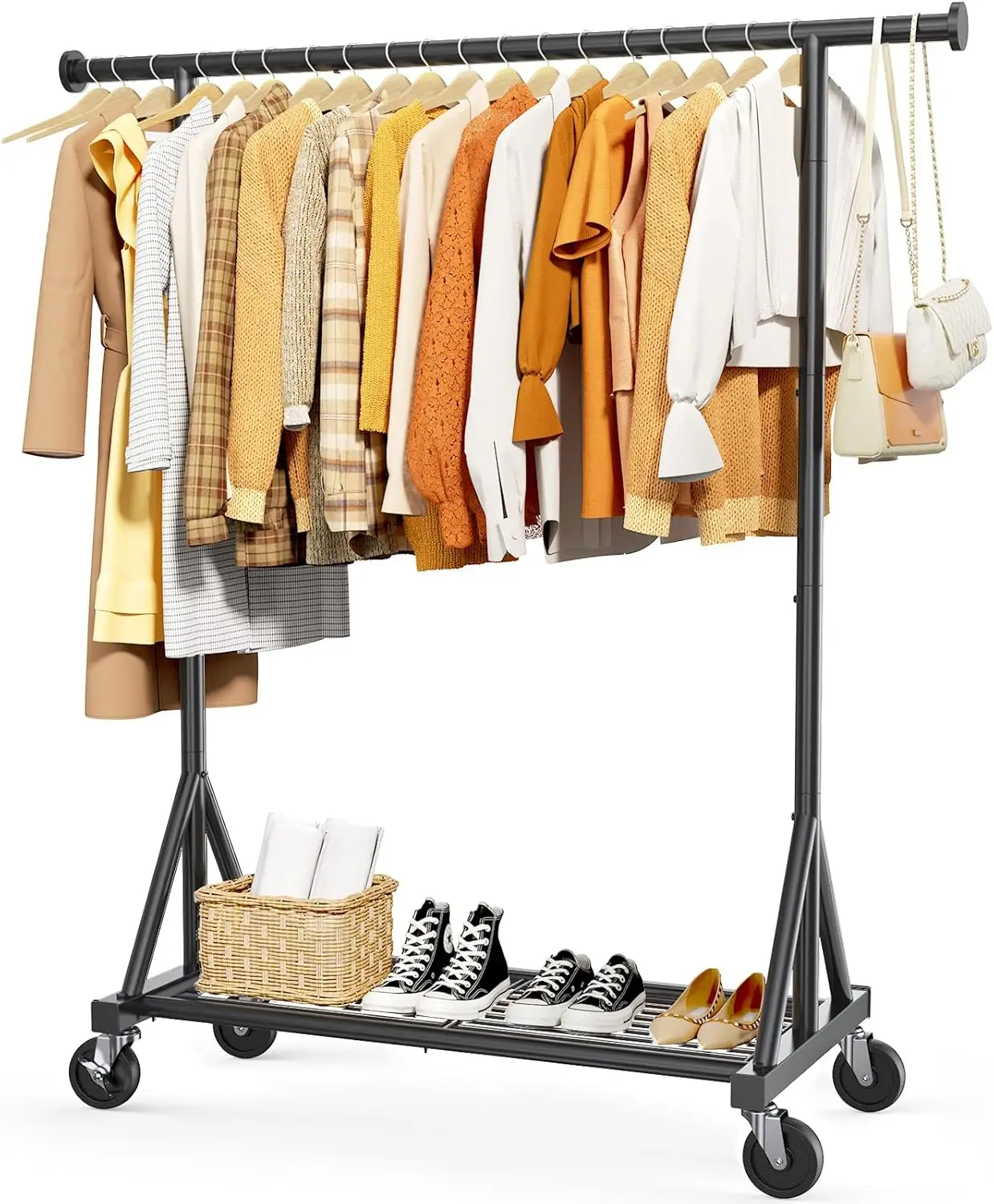 

Heavy Duty Stainless Steel Rolling Clothes Rack with Mesh Shelf, Lockable Wheels & Anti-Slip Stoppers, Large Capacity Cl